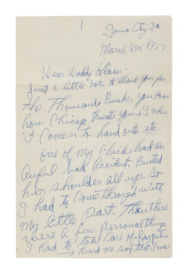 View full screen - View 1 of Lot 7. Armstrong, Louis | Autograph letter signed to his agent, thanking him for sending $1,000 while on the road.