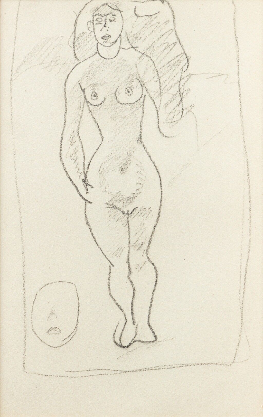 View full screen - View 1 of Lot 135. Femme nue de face, main droite le long du corps (recto); Esquisse de deux figures d'homme (verso).