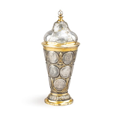View full screen - View 1 of Lot 253. A coin-set parcel-gilt silver beaker and cover, maker's mark CIP, probably Saxony or Poland circa 1750.