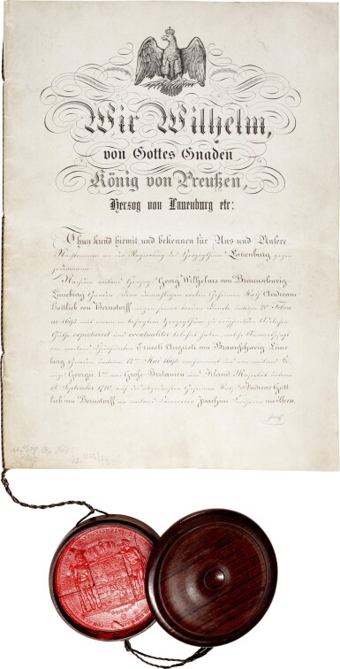 View full screen - View 1 of Lot 128. Wilhelm I, King of Prussia | document on vellum signed, counter-signed by Bismarck, Berlin,1866.