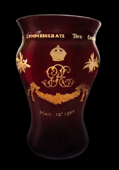 View full screen - View 1 of Lot 17. An etched and gilt ruby glass vase celebrating the coronation of King George VI and Queen Elizabeth, 1937.
