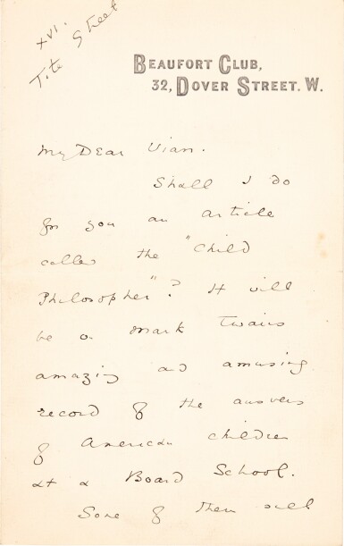 View full screen - View 1 of Lot 126. Oscar Wilde | Five autograph letters signed, to Alsager Vian, 1887.