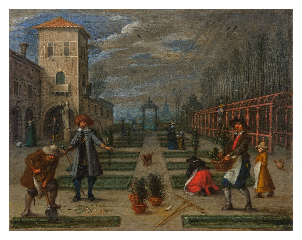 View full screen - View 1 of Lot 122. View of Country House Garden with Gardeners and a Town Beyond.