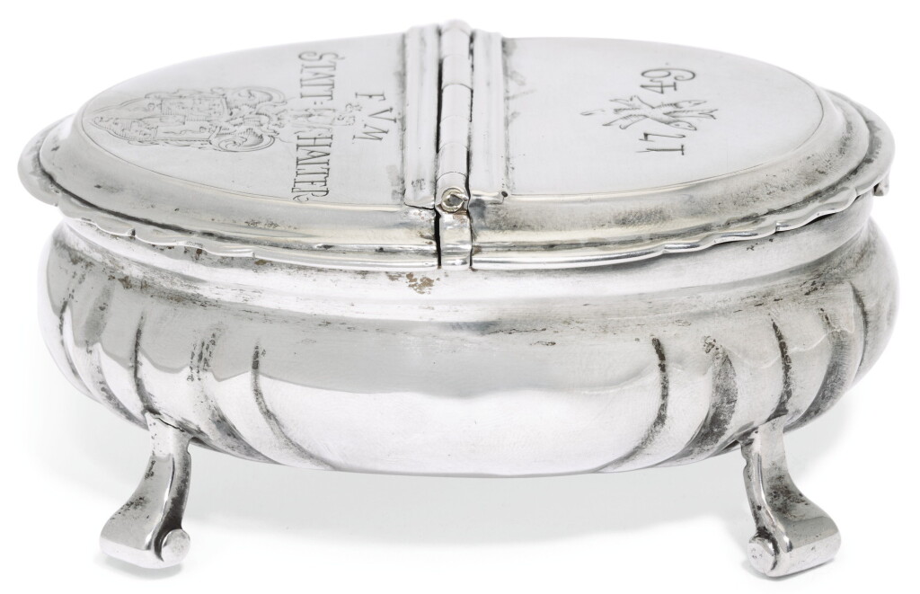 View full screen - View 1 of Lot 185. A Swiss silver double compartment spice box, probably Johann Daniel Kramer, Schaffhausen, circa 1749.