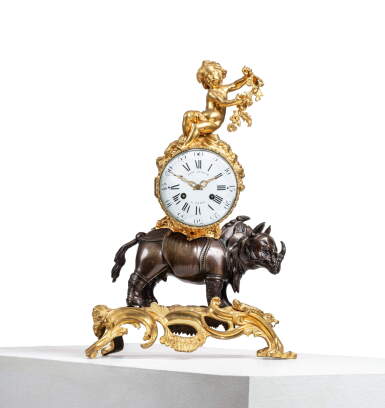 View full screen - View 1 of Lot 48. A Louis XV style gilt and patinated bronze Rhinoceros clock, the dial signed Étienne Lenoir, 19th century.
