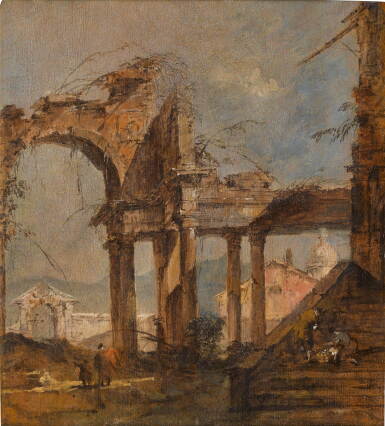 View full screen - View 1 of Lot 193. Capriccio landscape with ruins and figures in the foreground.