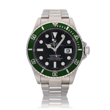 View full screen - View 1 of Lot 495. Reference 16610LV Submariner 'Kermit Flat 4' | A stainless steel wristwatch with date and bracelet, Circa 2002.