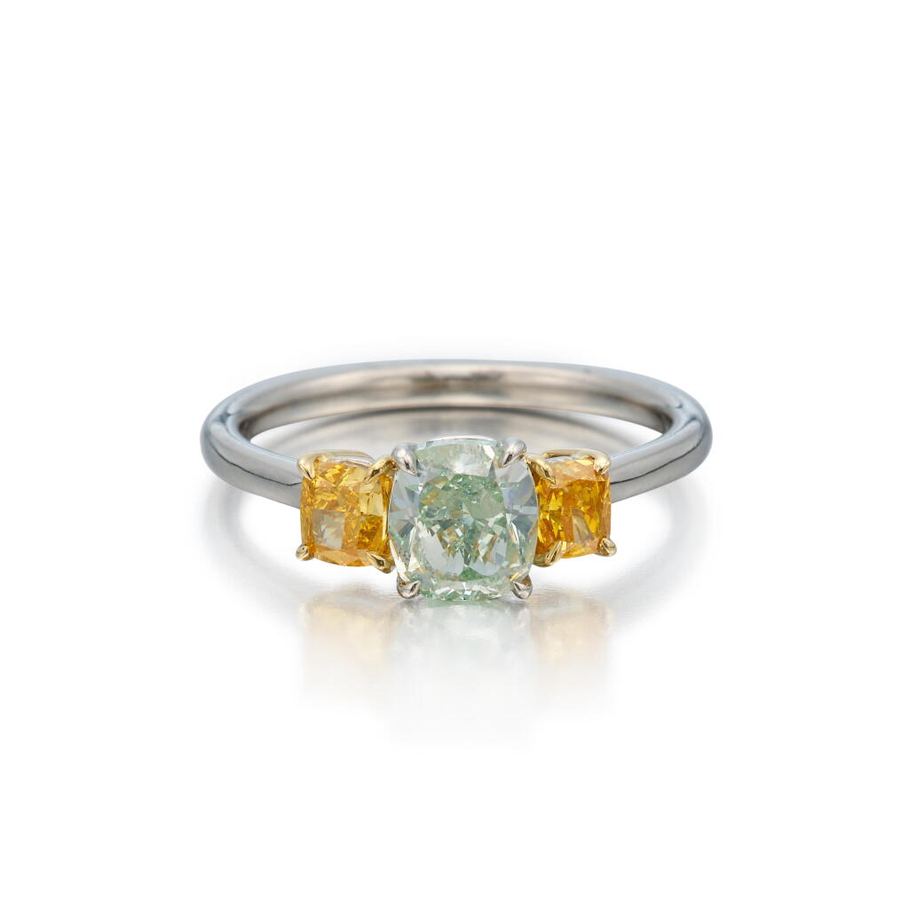 View full screen - View 1 of Lot 131. Fancy Intense Green Diamond and Colored Diamond Ring.