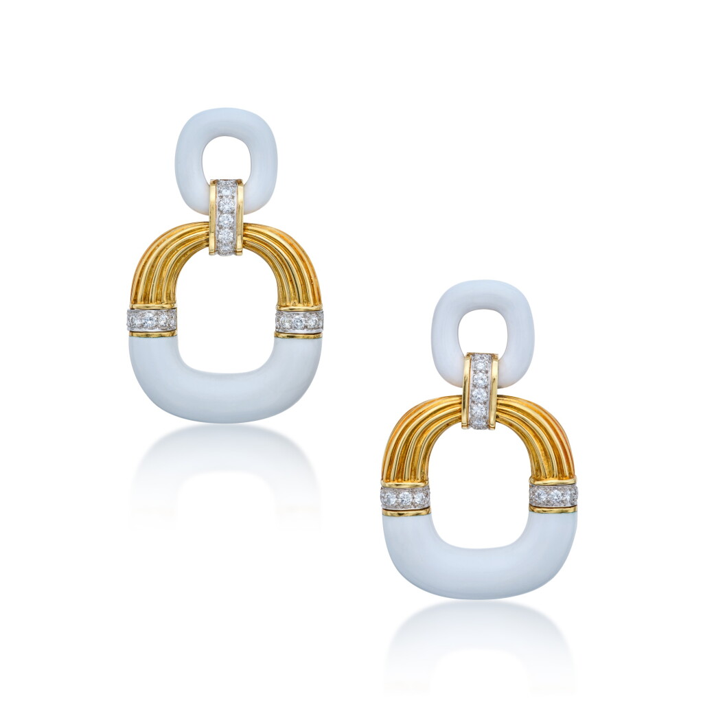 View full screen - View 1 of Lot 170. Pair of Gold, Enamel and Diamond 'Radiator Hoop' Earclips.
