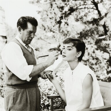 View full screen - View 1 of Lot 133. Audrey Hepburn, Wally Westmore, on set of Sabrina, 1954.