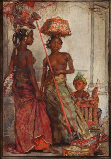 View full screen - View 1 of Lot 14. Willem Gerard Hofker 威廉·傑拉德·賀夫卡 | Melis, composition featuring Ni Dablig with Ni Gemblong with a boy behind the gender music instrument 梅利斯,峇里倆女子與男孩.