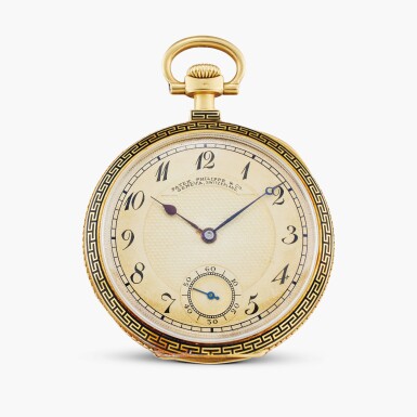 View full screen - View 1 of Lot 115. A yellow gold and enamel open-faced keyless watch with guilloché dial, Circa 1911.