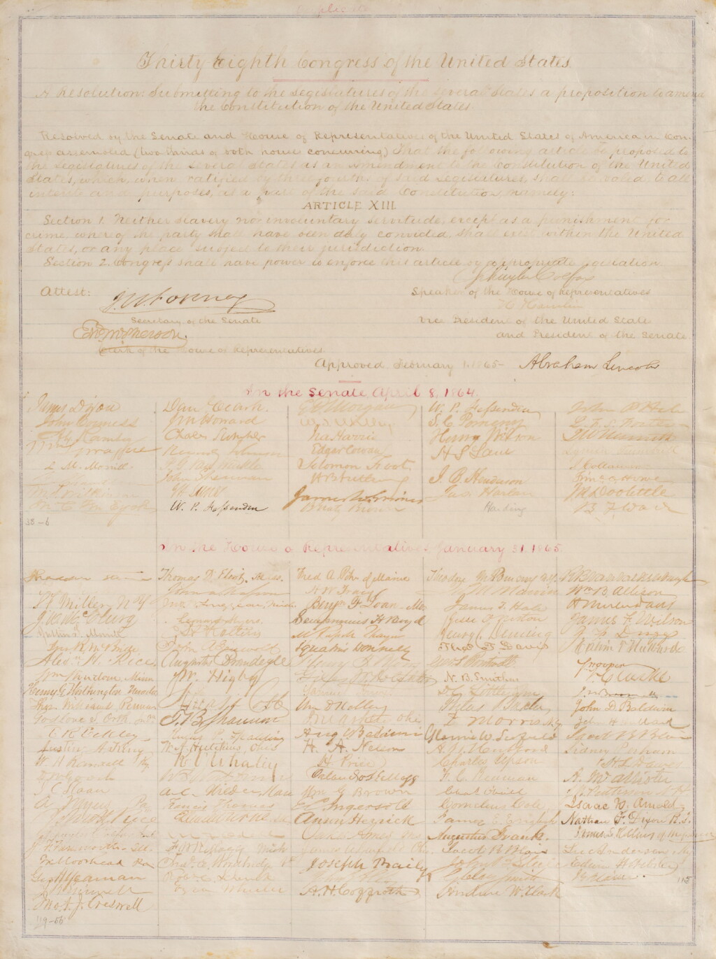 View full screen - View 1 of Lot 27. Lincoln, Abraham | The abolition of slavery: "Neither slavery nor involuntary servitude … shall exist within the United States".
