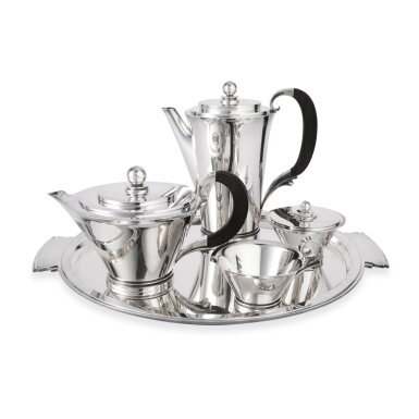 View full screen - View 1 of Lot 443. A Four-Piece Danish Silver Tea and Coffee Set with Tray, No. 600, Georg Jensen Silversmithy, Copenhagen, Circa 1945-77.
