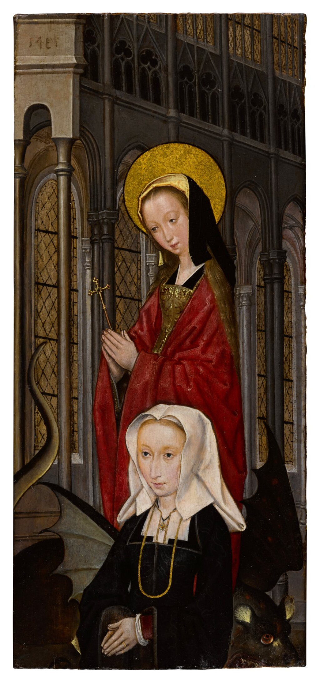 View full screen - View 1 of Lot 3. Saint Margaret of Antioch and a kneeling donor figure in a Gothic church.