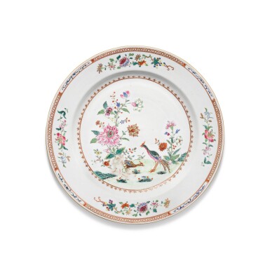 View full screen - View 1 of Lot 314. A large famille-rose 'double peacock' circular dish, Qing dynasty, 18th century.