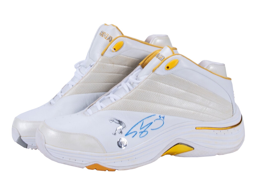 View full screen - View 1 of Lot 88. 2004 Shaquille O'Neal Game Used & Signed Los Angeles Lakers Reebok Sneakers - Both Signed (MEARS & Beckett).