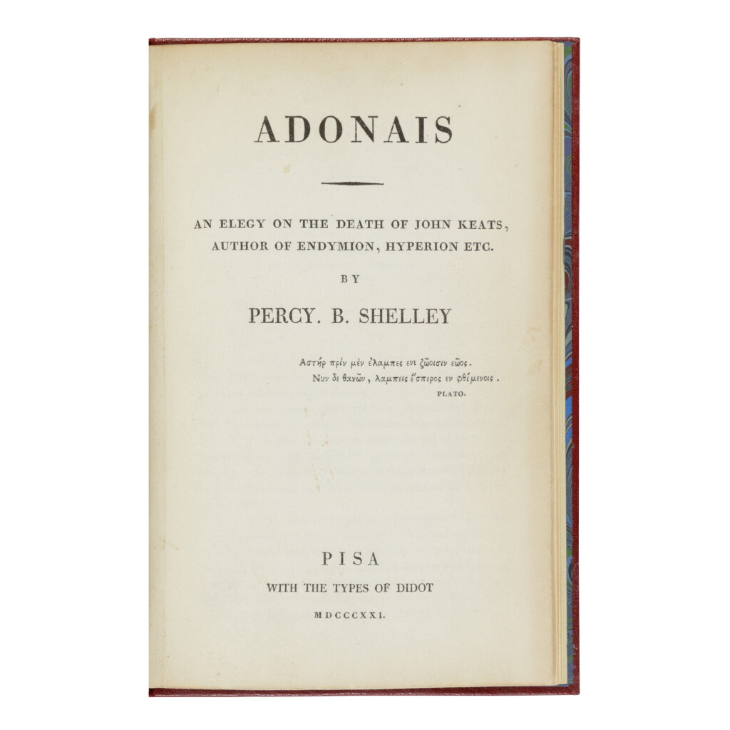 View full screen - View 1 of Lot 236. SHELLEY, PERCY BYSSHE | Adonais. An Elegy on the Death of John Keats, Author of Endymion, Hyperion etc.. Pisa: With the Types of Didot, 1821.