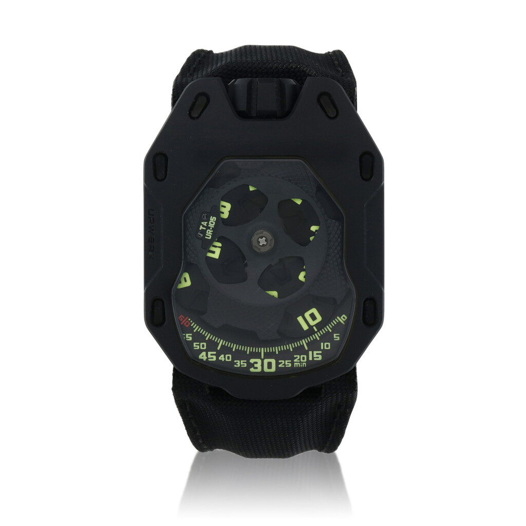 View full screen - View 1 of Lot 537. Ref. UR-105 TA Limited edition titanium turbine-powered wristwatch with satellite hour display and control board Circa 2017 | Urwerk UR-105 TA型號限量版鈦金屬渦輪動力腕錶備衛星時刻顯示及控制板,年份約2017.