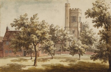 View full screen - View 1 of Lot 586. JONATHAN SKELTON | A church tower seen from an orchard, probably St. Mary's, Beddington.