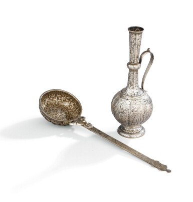 View full screen - View 1 of Lot 98. A RUSSIAN SILVER EWER, 1857 AND A RUSSIAN SILVER LADLE, 1862, BOTH PROBABLY TIFLIS, GEORGIA | AIGUIÈRE EN ARGENT, 1857, ET LOUCHE EN ARGENT, 1862, LES DEUX PROBABLEMENT TIFLIS (GÉORGIE).