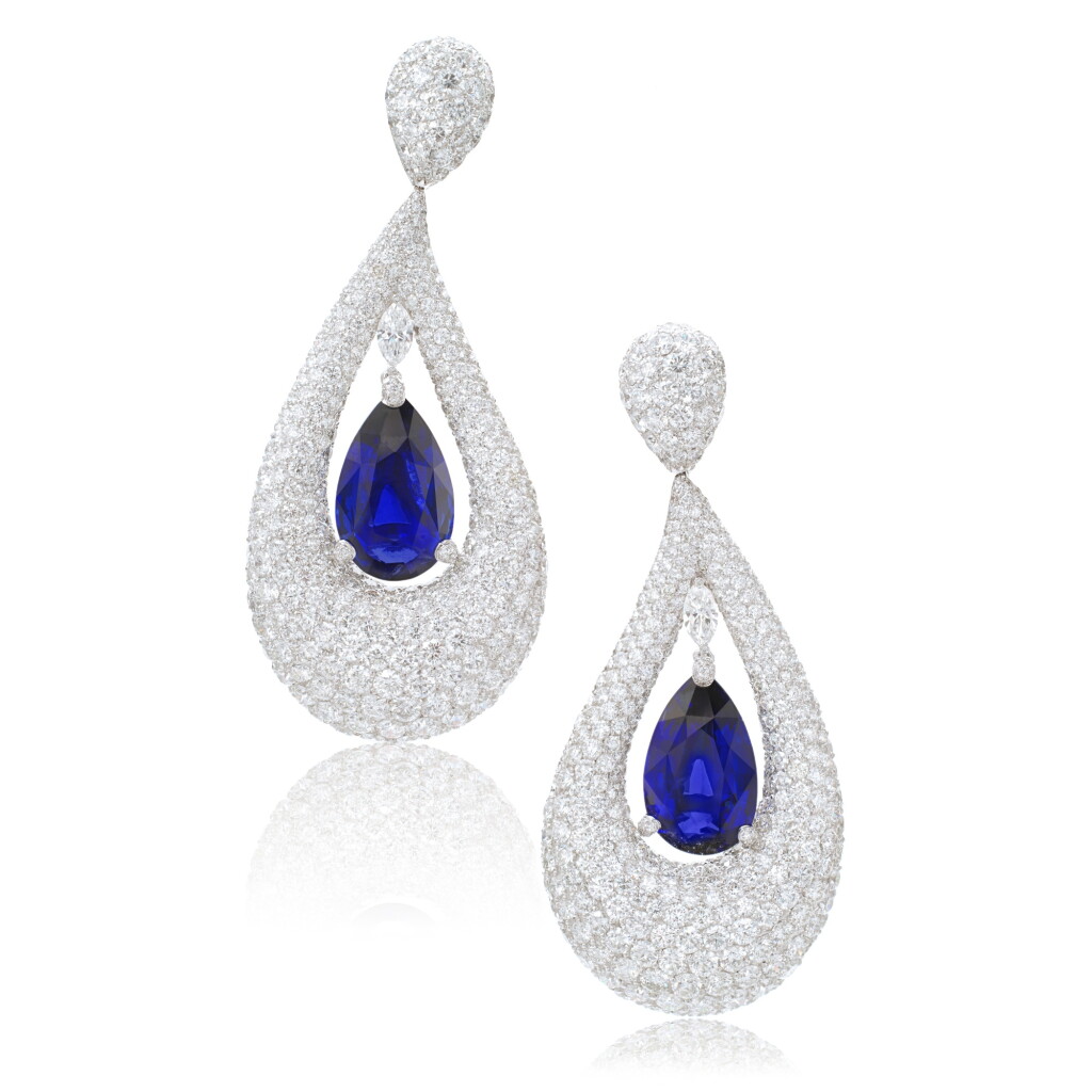 View full screen - View 1 of Lot 847. Pair of Sapphire and Diamond Pendent Earrings.