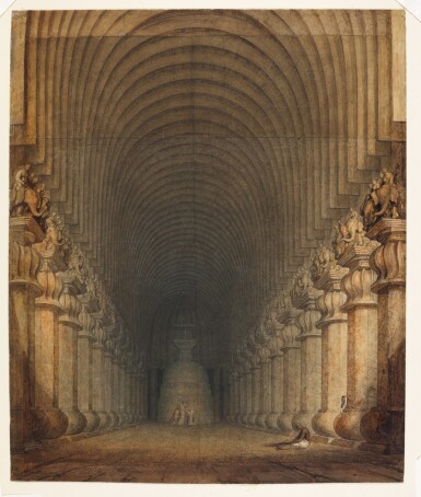 View full screen - View 1 of Lot 70. The Interior of the cave temple at Karli, signed by William Westall A.R.A. (1781-1850), dated 1804.
