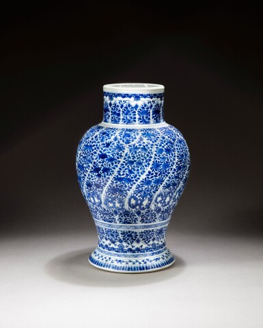 View full screen - View 1 of Lot 209. A large blue and white 'floral' baluster vase Qing dynasty, Kangxi period | 清康熙 青花花卉紋瓶.