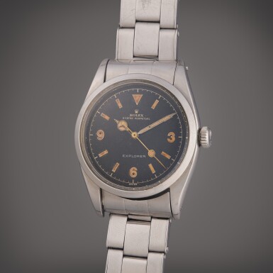 View full screen - View 1 of Lot 111. Reference 6150 Explorer | A stainless steel wristwatch with bracelet, Circa 1953.