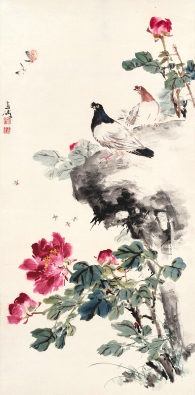 View full screen - View 1 of Lot 3068. 王雪濤 富貴和平 | Wang Xuetao, Pigeons by Peonies.