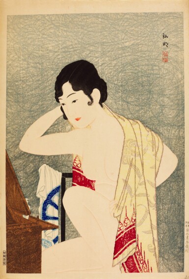 View full screen - View 1 of Lot 166. Takahashi Hiroaki (1871-1945) | Make-up before a mirror (Kagami no mae, kesho) | Showa period, 20th century.