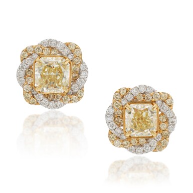 View full screen - View 1 of Lot 788. Pair of Fancy Yellow Diamond and Diamond Earrings.
