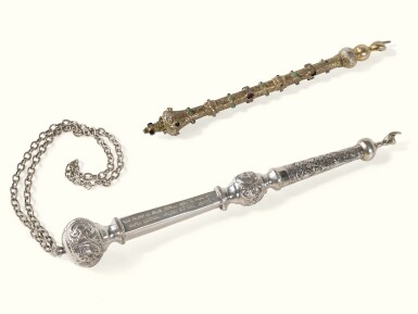 View full screen - View 1 of Lot 67. A LARGE ENGLISH SILVER TORAH POINTER WITH BAR MITZVAH INSCRIPTION, MAKER'S MARK MB?, LONDON, 1927.