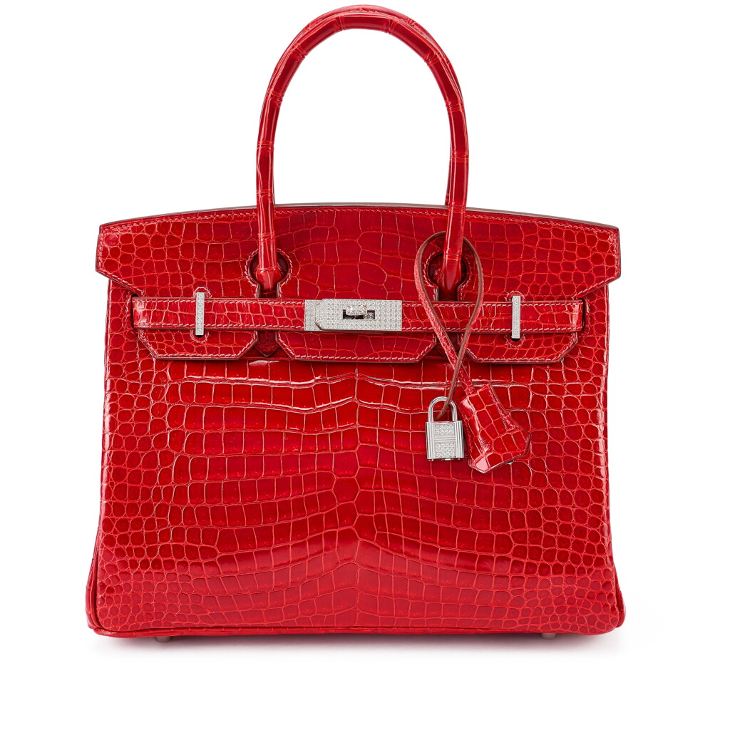 View full screen - View 1 of Lot 133. Rouge Braise Shiny Porosus Crocodile Birkin 30 18K White Gold and Diamond Hardware, 2008.