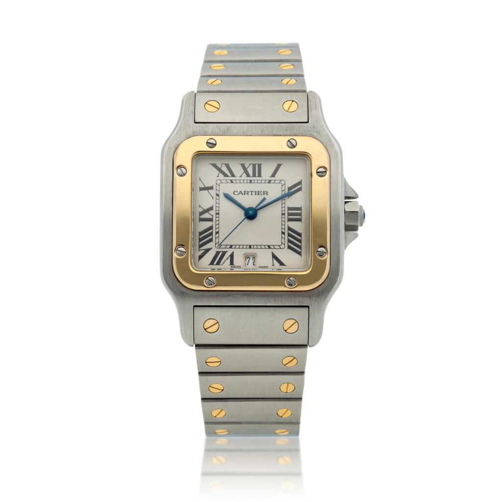 View full screen - View 1 of Lot 58. Reference 1566 Santos A stainless steel and yellow gold square shaped wristwatch with date and bracelet, Circa 2010.