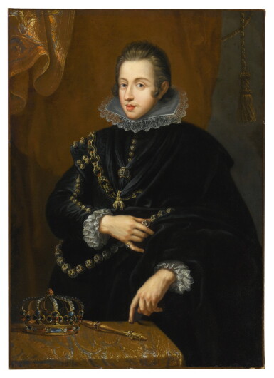 View full screen - View 1 of Lot 14. FLEMISH SCHOOL, 17TH CENTURY | PORTRAIT OF KING PHILIP IV OF SPAIN, HALF LENGTH, DRESSED IN BLACK ROBES WITH A GOLILLA COLLAR AND STANDING BEFORE A TABLE WITH A CROWN AND SCEPTRE.