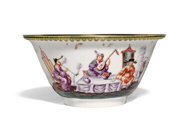 View full screen - View 1 of Lot 71. A Vienna (Du Paquier) silver-gilt-mounted chinoiserie flared circular bowl, Circa 1735, the mounts later.