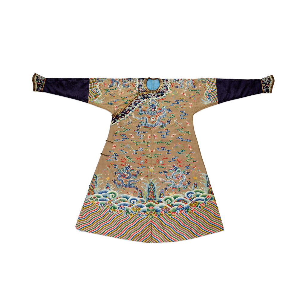 View full screen - View 1 of Lot 3604. A brown-ground 'dragon' kesi robe, jifu Qing dynasty, 18th century | 清十八世紀 駝色緙絲八吉祥雲蝠九龍吉服袍.