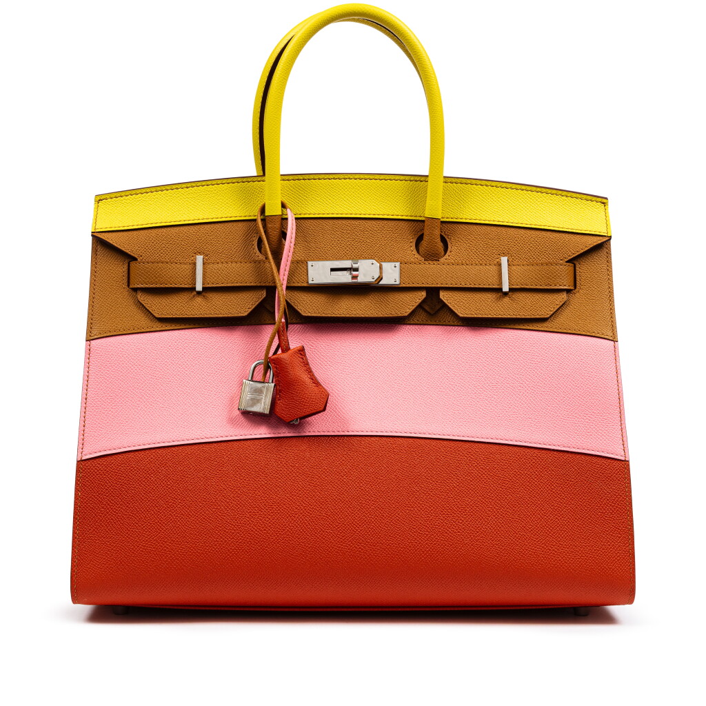 View full screen - View 1 of Lot 646. Limited Edition Lime, Rose Confetti, Sesame and Terre Battue Epsom Sunrise Birkin 35 Sellier Palladium Hardware, 2020.