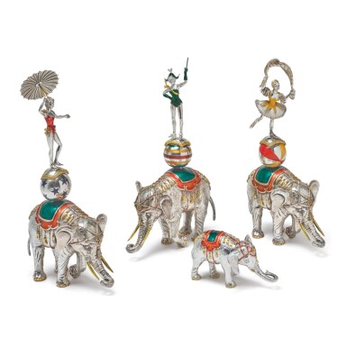 View full screen - View 1 of Lot 1854. ELEPHANTS: A GROUP OF SILVER AND ENAMEL CIRCUS FIGURES, DESIGNED BY GENE MOORE FOR TIFFANY & CO., NEW YORK, CIRCA 1990.
