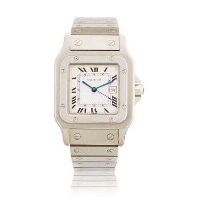 View full screen - View 1 of Lot 402. Santos Galbée | A stainless steel automatic wristwatch with date and bracelet, Circa 1990.