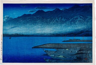 View full screen - View 1 of Lot 16. Kawase Hasui (1883-1957) | Lake Kamo under Moonlight, Sado Island (Getsumei no Kamo-ko, Sado) | Taisho period, early 20th century .