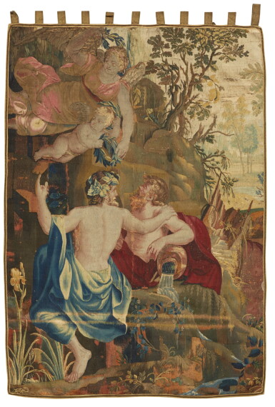 View full screen - View 1 of Lot 170. A FRENCH METAMORPHOSES MYTHOLOGICAL TAPESTRY FRAGMENT, PARIS, FAUBOURG SAINT GERMAIN, WORKSHOP OF DE LA PLANCHE, AFTER MICHEL CORNEILLE, FROM THE SERIES THE STORY OF DAPHNE AND APOLLO, 17TH CENTURY.