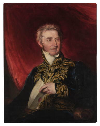 View full screen - View 1 of Lot 667. Portrait of Sir William Hamilton (1730–1803), half-length, wearing diplomatic uniform, with decorative gold frogging, holding a letter in his left hand.