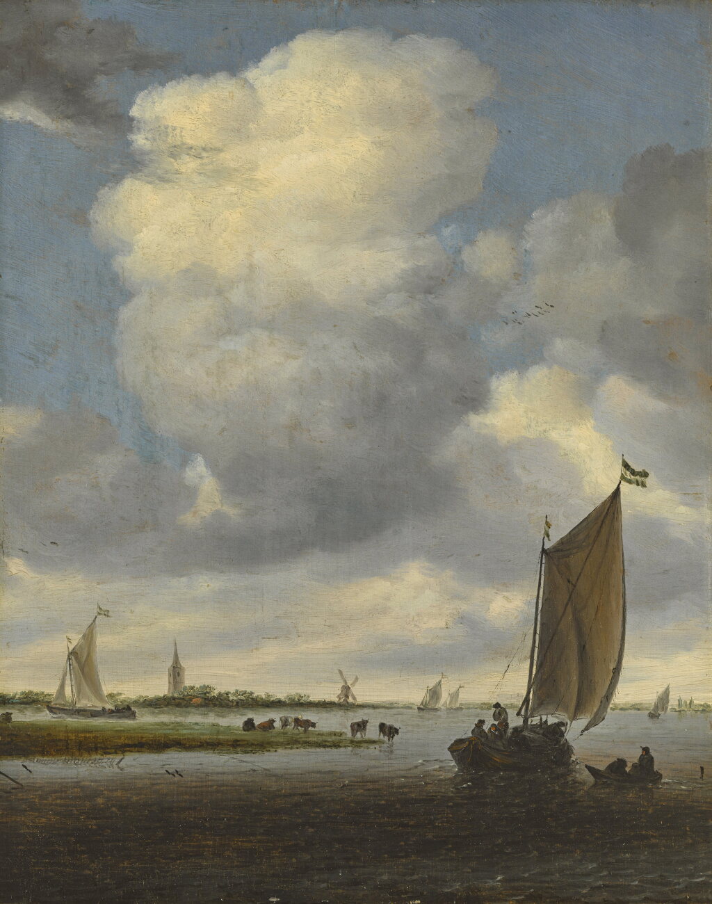 View full screen - View 1 of Lot 25. An estuary scene with smalschips on a broad reach before a gentle breeze, a windmill and church in the distance.