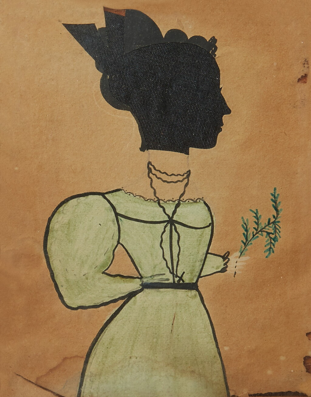 View full screen - View 1 of Lot 182. Silhouette Portrait of a Young Girl Wearing a Tortoise-Shell Comb, White Ruffled Collar and Black Dress and Green Belt.