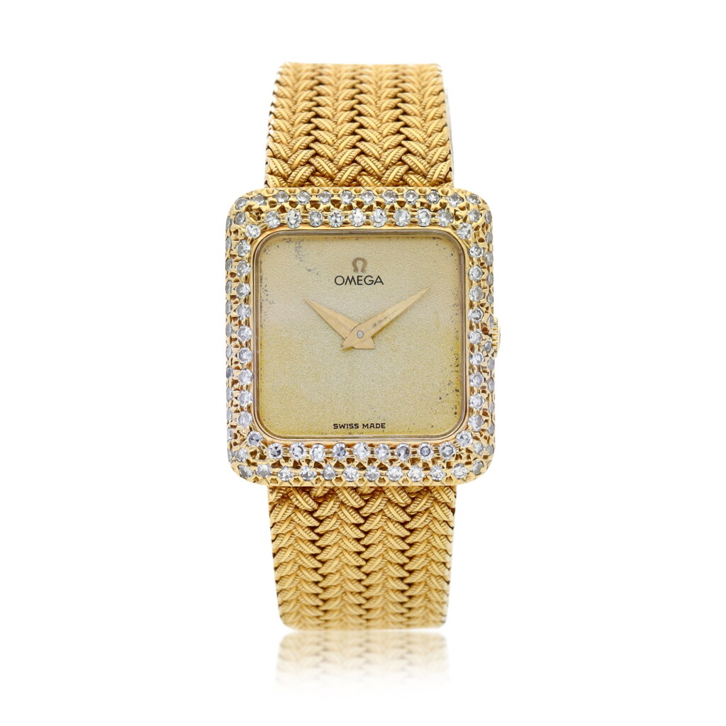 View full screen - View 1 of Lot 69. Reference 7402 A yellow gold and diamond-set square shaped bracelet watch, Circa 1979.