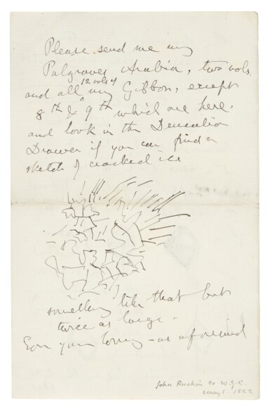 View full screen - View 1 of Lot 123. John Ruskin | A fragment of an autograph letter, to W.G. Collingwood, with a sketch of flowers.