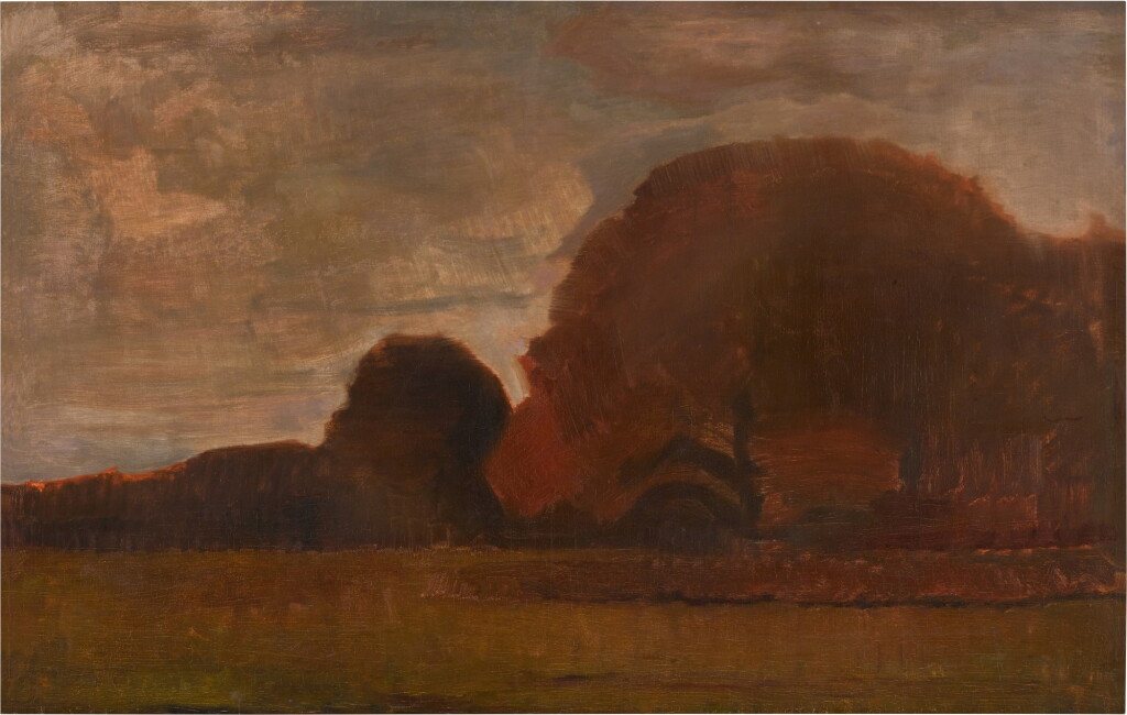 View full screen - View 1 of Lot 476. Field with Oak Trees at Dusk.