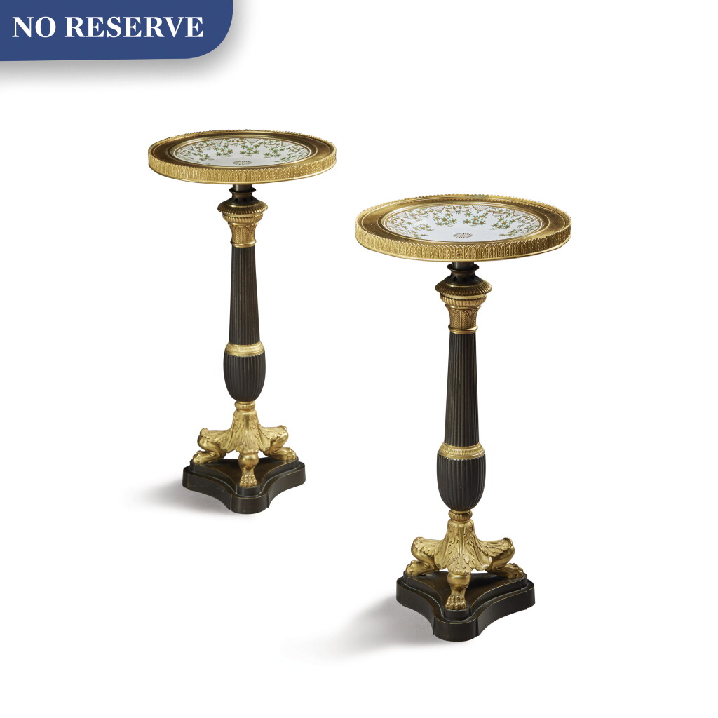 View full screen - View 1 of Lot 132. A PAIR OF EMPIRE STYLE ORMOLU, PATINATED-BRONZE AND PORCELAIN SMALL GUÉRIDONS.